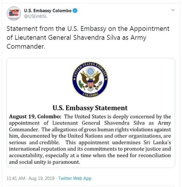 ශවේන්ද්ර සිල්වා යුද හමුදාපති ධුරයට පත් කිරීම ගැන ඇමරිකාව අවධානයෙන්..!