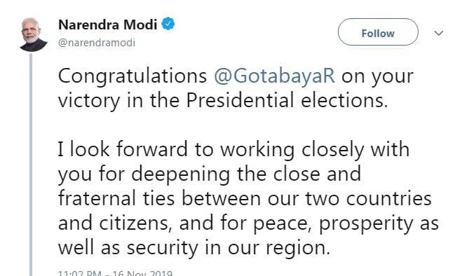 ගෝඨාට මෝදිගෙන් සුභ පැතුම්
